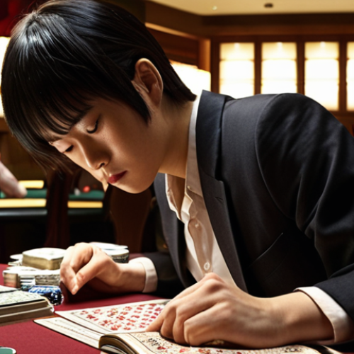 A focused young Japanese man or woman intensely studying for a casino dealer's written exam. They are surrounded by textbooks, open notebooks filled with complex calculations (payouts, chip totals), playing cards, and various casino chips. The setting is a quiet, well-lit study desk, emphasizing intellectual rigor and detailed knowledge acquisition. Realistic, high detail.