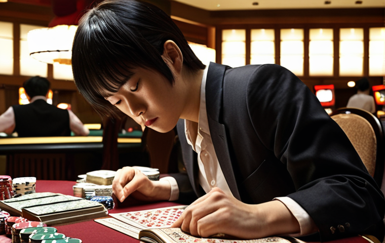 A focused young Japanese man or woman intensely studying for a casino dealer's written exam. They are surrounded by textbooks, open notebooks filled with complex calculations (payouts, chip totals), playing cards, and various casino chips. The setting is a quiet, well-lit study desk, emphasizing intellectual rigor and detailed knowledge acquisition. Realistic, high detail.